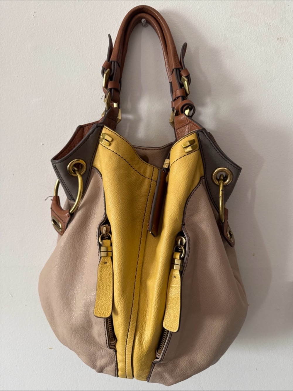 Genuine Leather orYany Grey Brown Yellow Handbag with Gold Hardware Detailing 